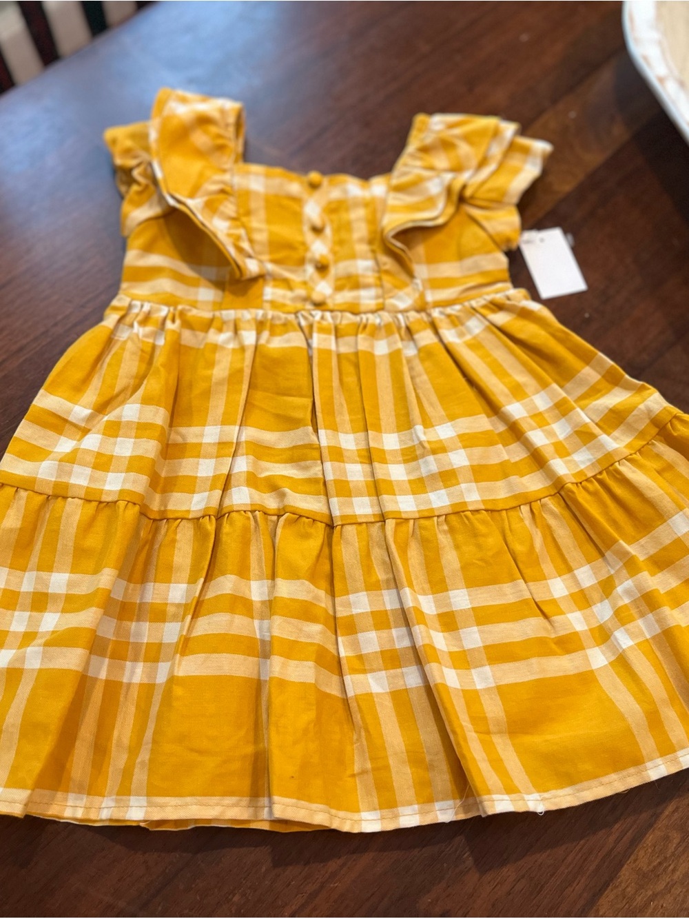 Blueberi Boulevard Yellow Plaid Ruffle-Shoulder Dress